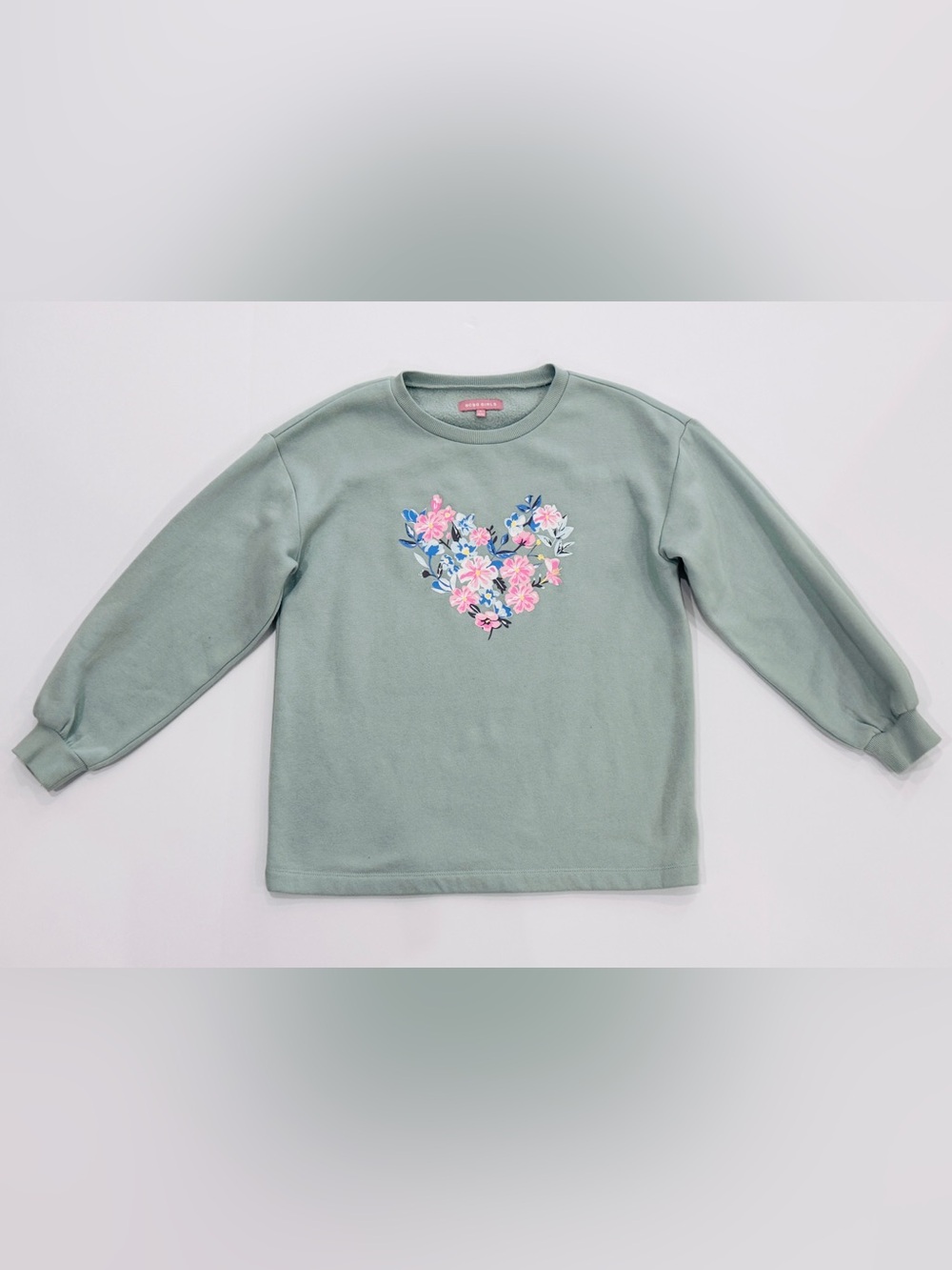 BCBG Girls Green Crewneck Floral Heart Graphic Pullover Sweatshirt Long Sleeve